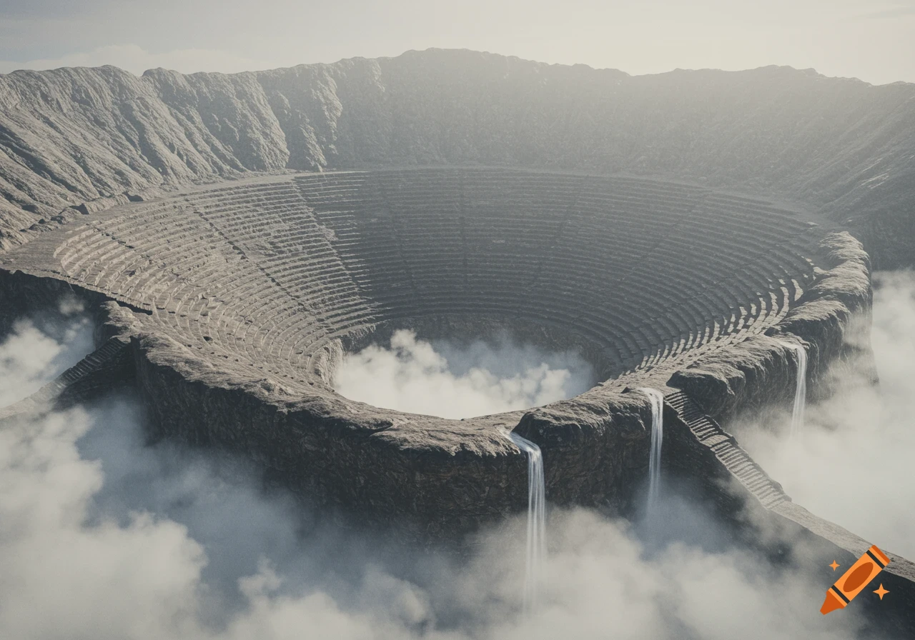 An aerial view of a massive, terraced stone crater filled with mist, with waterfalls and carved steps.
