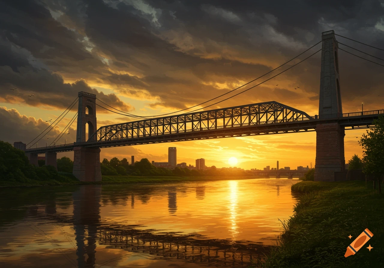 A scenic view of a large truss bridge over a wide river at sunset, with a vibrant orange sky reflected in the water. City buildings are visible in the background.