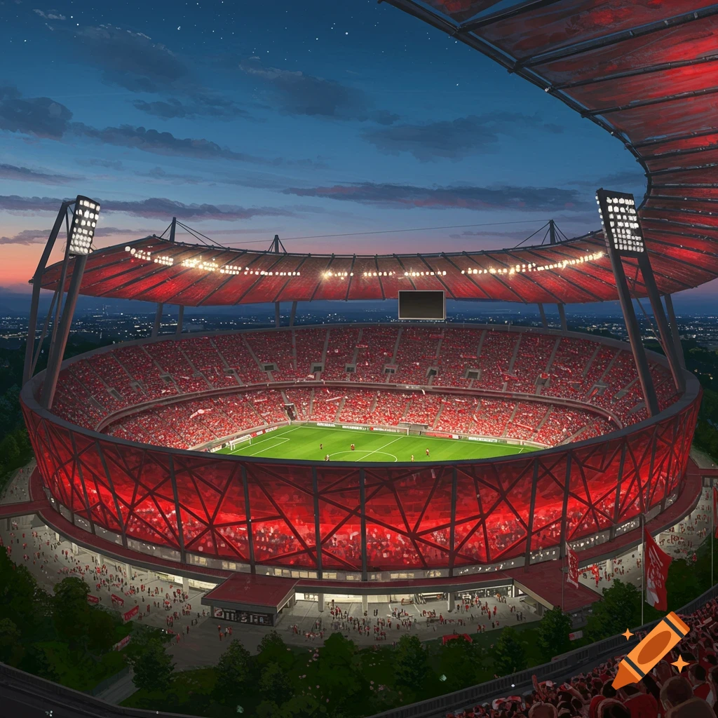 An aerial view of a large, modern soccer stadium at dusk, filled with a massive crowd wearing red. The stadium is illuminated by bright lights, casting a reddish glow.