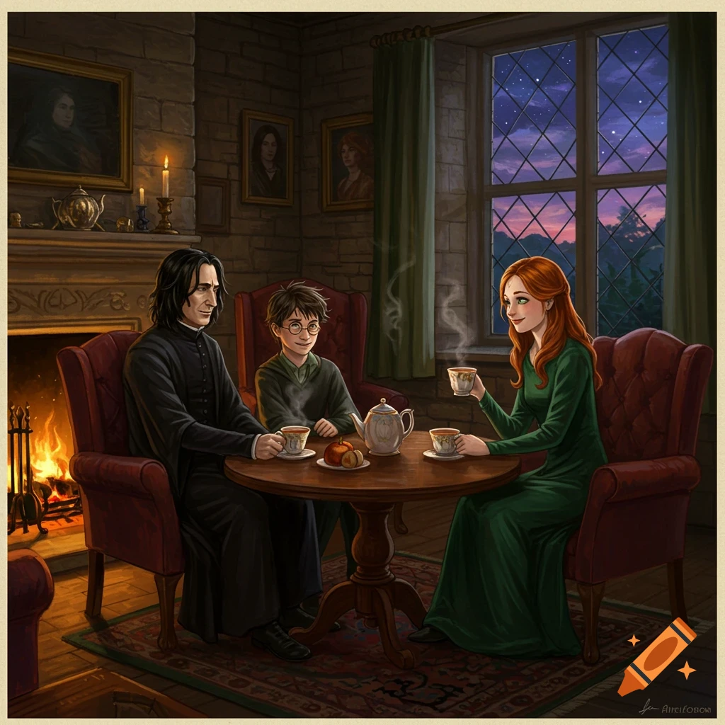 Snape, Harry Potter, and Lily Evans sit around a wooden table drinking tea in a cozy stone room with a fireplace and large window at dusk.