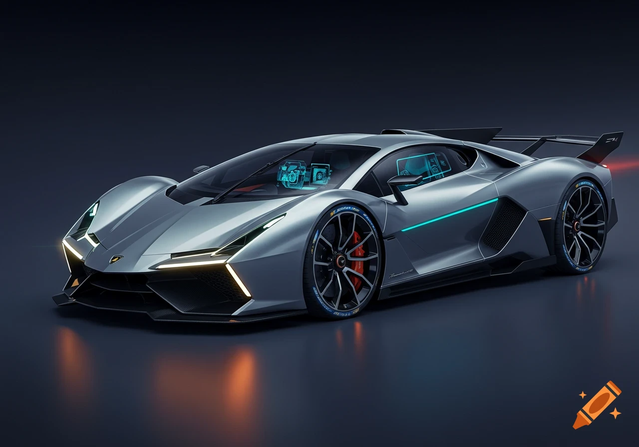 A sleek silver futuristic concept car, resembling a Lamborghini, with bright yellow headlights and glowing blue accents, shown from the side on a dark background.