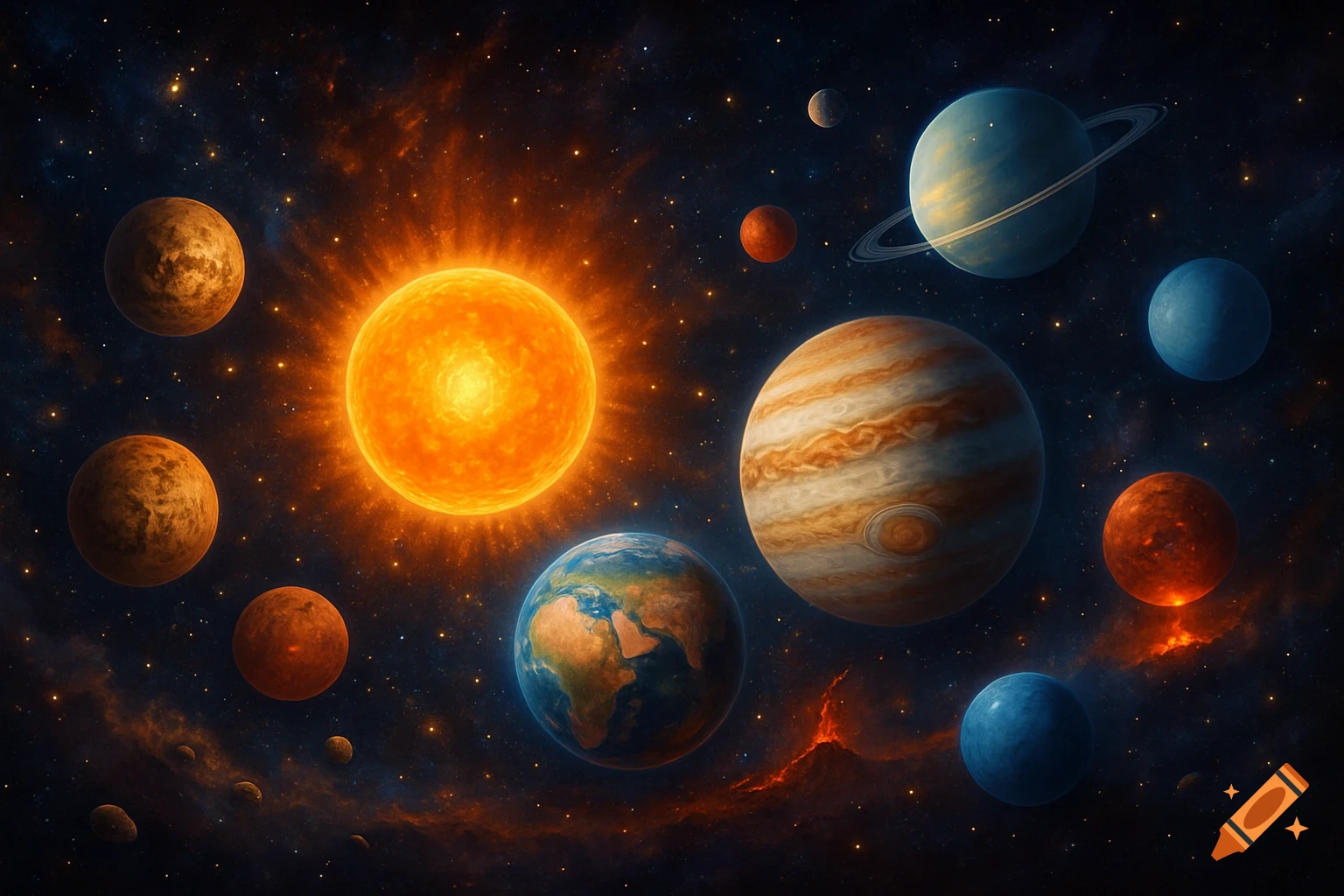A vibrant illustration of the solar system featuring the sun and multiple planets against a dark, starry backdrop with nebulae.