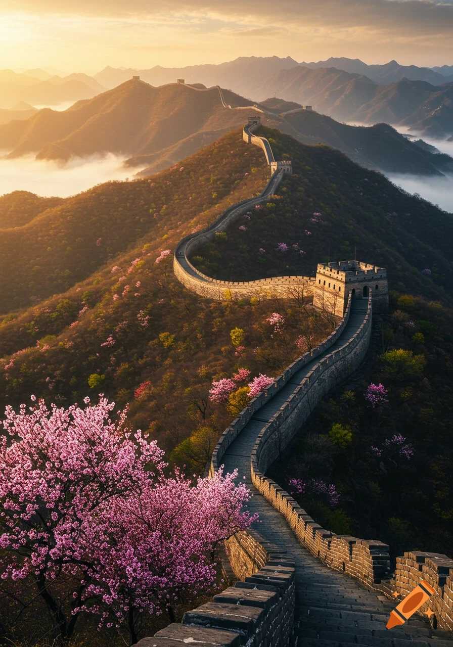 Photorealistic view of the Great Wall of China winding through misty mountains with pink blooming trees at sunrise.