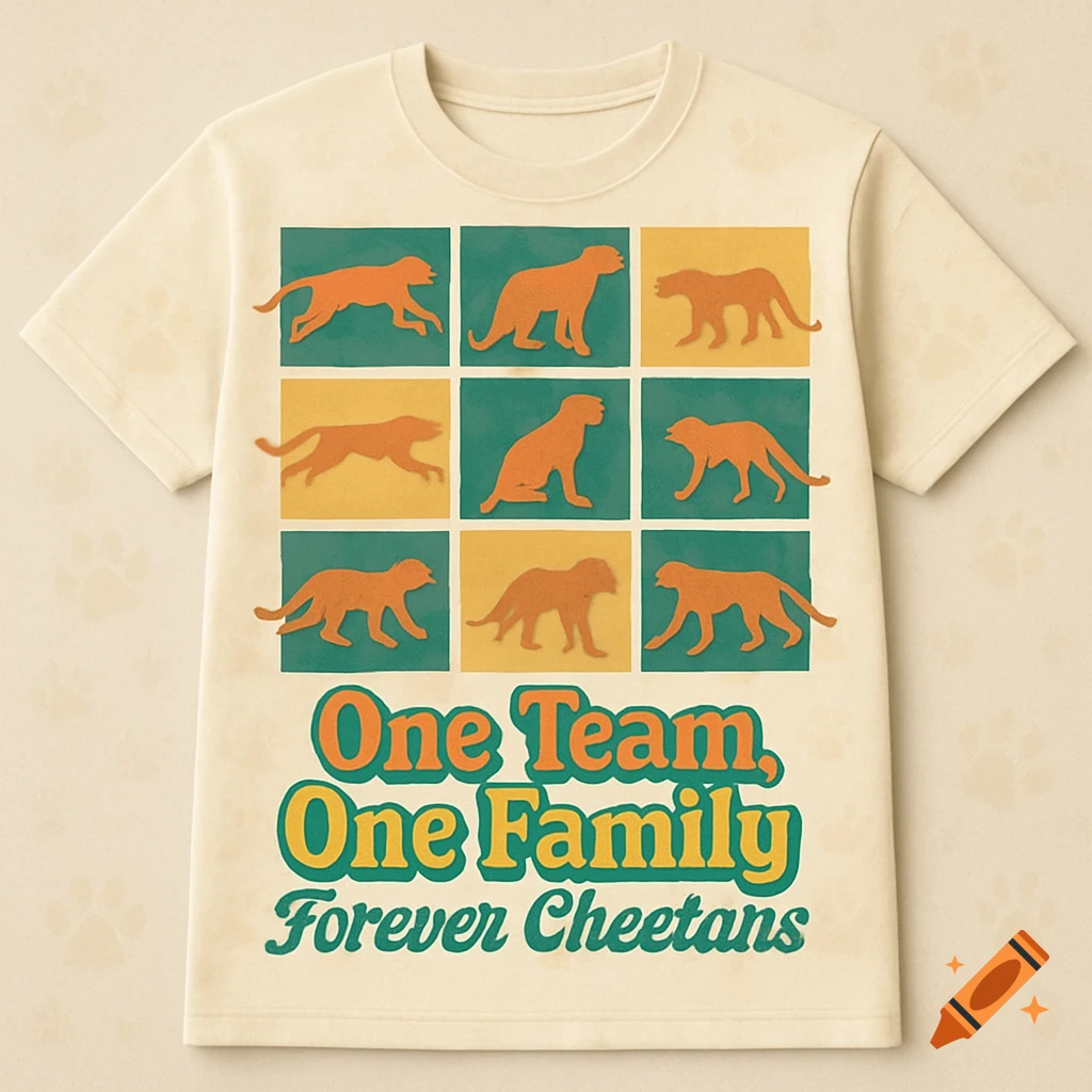 A cream t-shirt with a retro-style design featuring a grid of cheetah silhouettes and the text 'One Team, One Family, Forever Cheetans'.