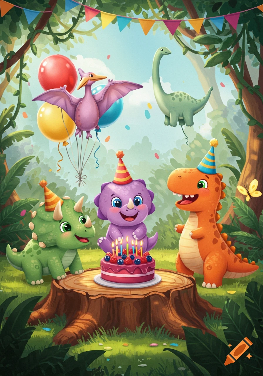 Colorful cartoon illustration of a dinosaur birthday party in a jungle. Three cute dinosaurs with party hats around a cake on a stump, with balloons and banners.