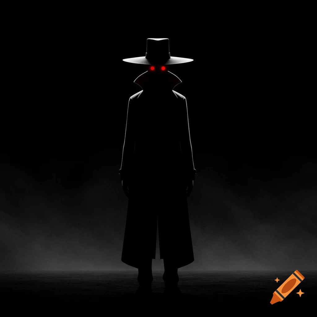 A dark, silhouetted figure wearing a wide-brimmed hat and trench coat stands in darkness, with bright red glowing eyes and a subtle misty floor.