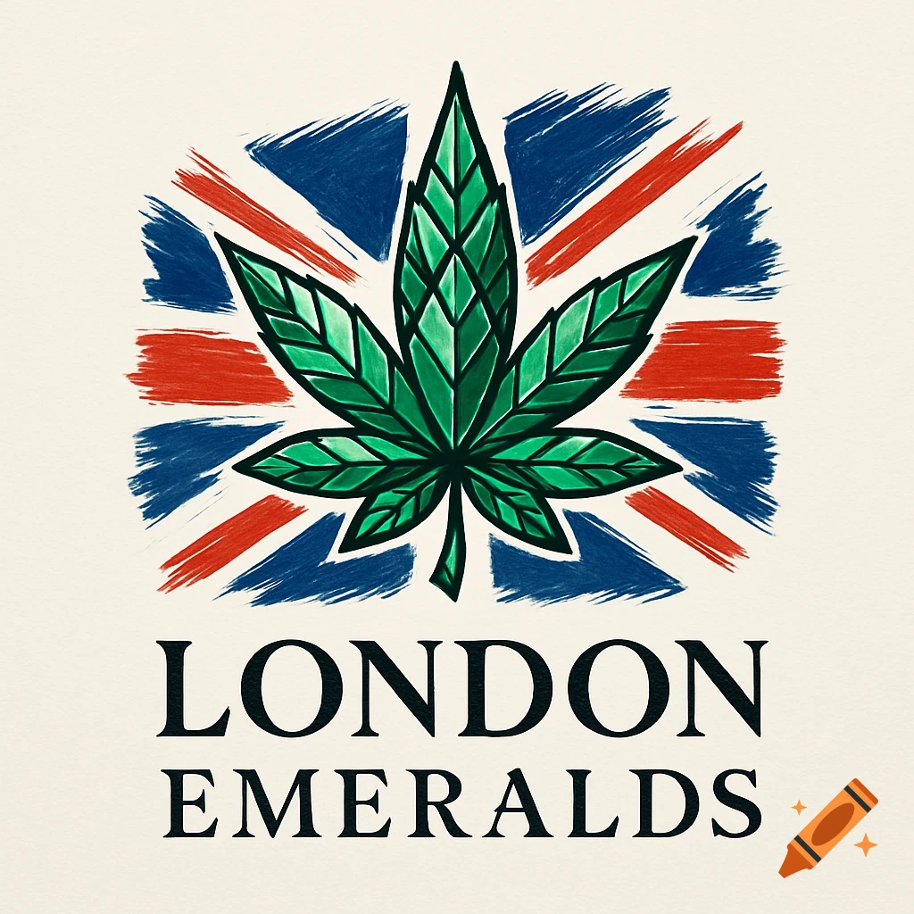 A logo featuring a green cannabis leaf over a brushstroke-style Union Jack flag, with the text 'LONDON EMERALDS' below.
