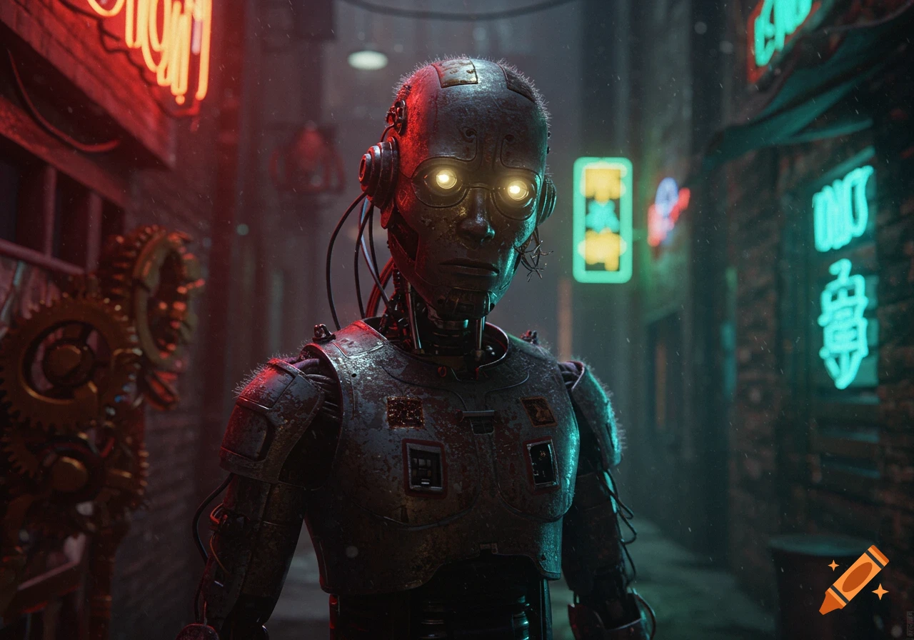A close-up of a grungy, steampunk-cyberpunk robot with glowing eyes in a dark, rainy alley with red and teal neon signs.