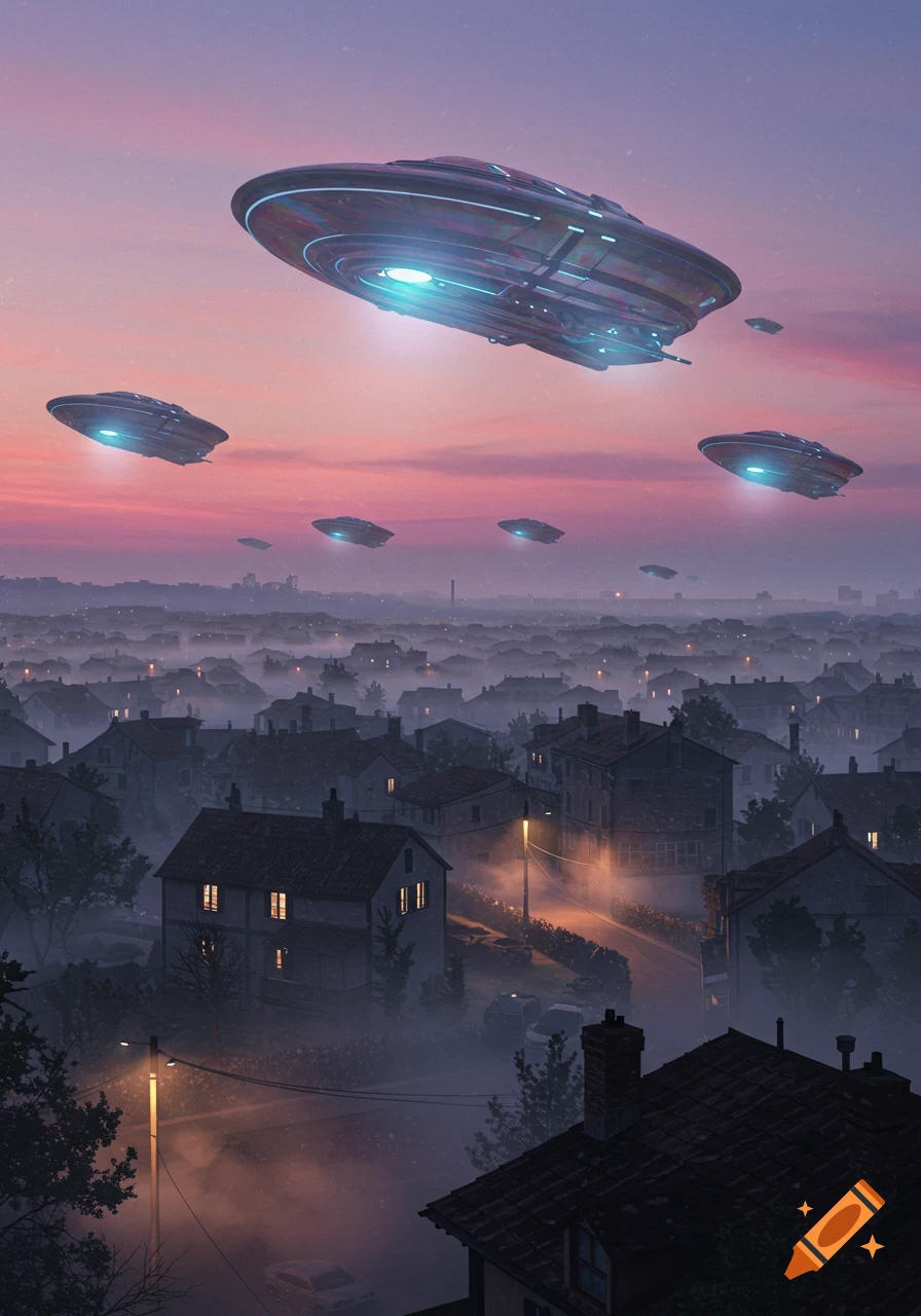 UFOs flying over a misty neighborhood at dusk with a pink and purple sky and glowing streetlights.