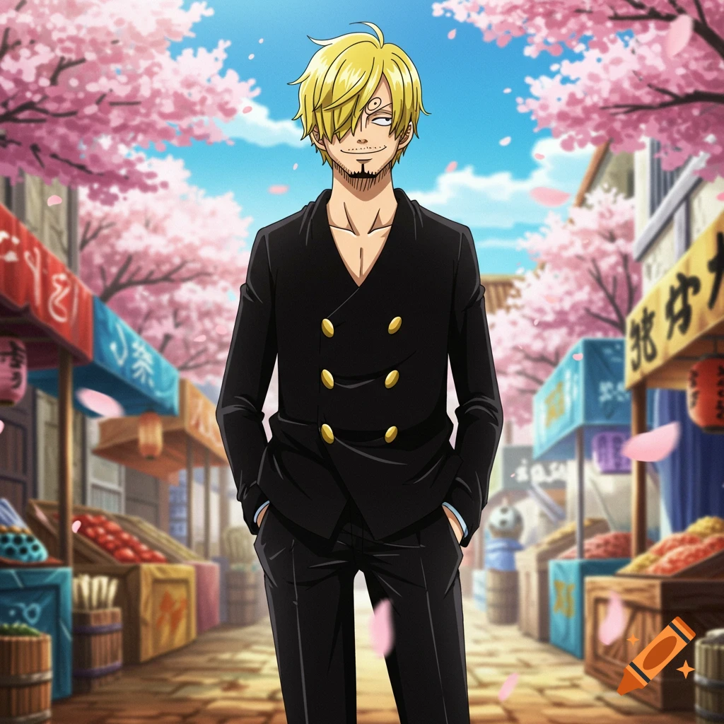 An anime character with blond hair and a goatee, wearing a black double-breasted suit, stands on a Japanese market street lined with cherry blossom trees.