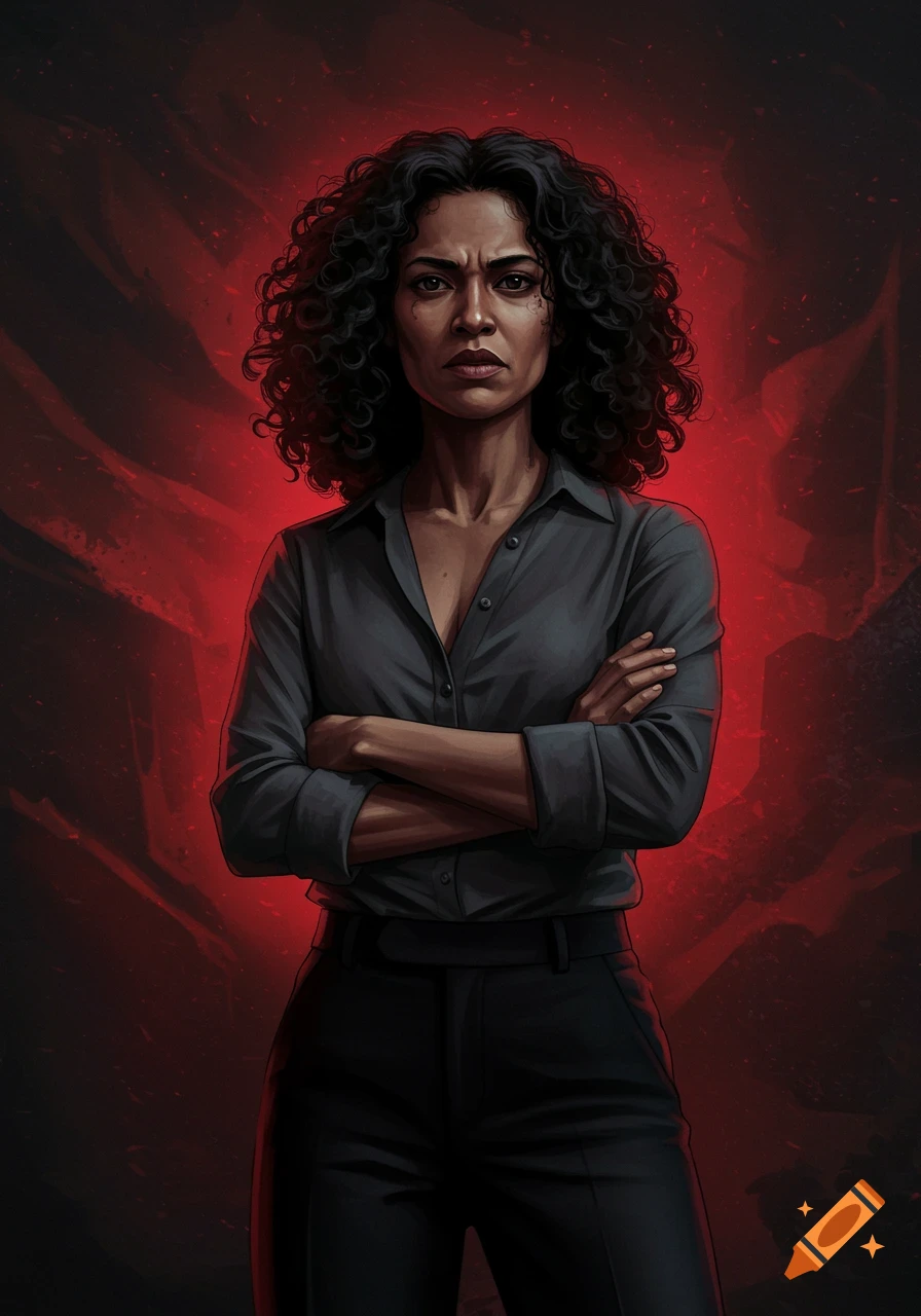 A digital art portrait of a woman with dark curly hair and a stern expression, standing with arms crossed against a swirling dark red background.