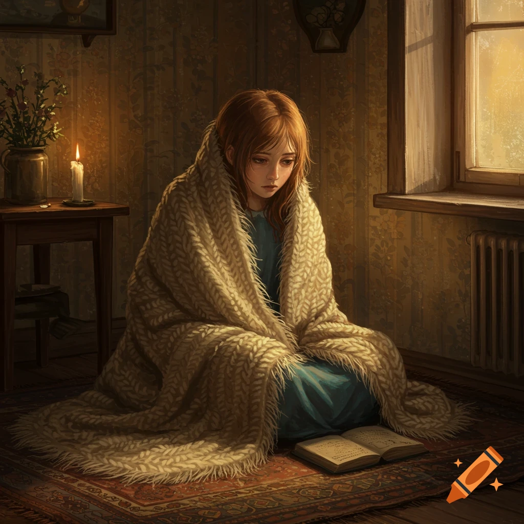 A young girl wrapped in a large, knitted blanket sits on a rug in a dimly lit room, looking down at an open book.