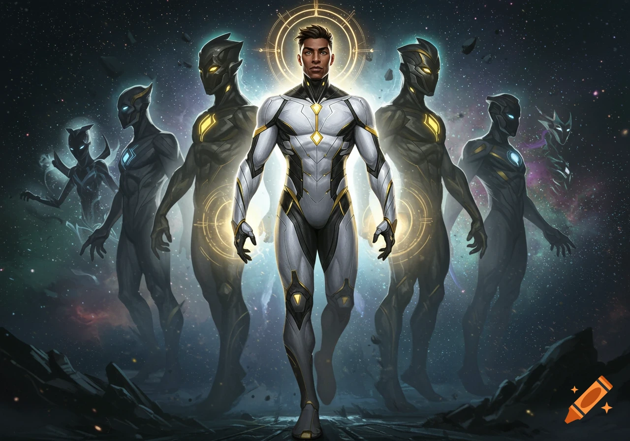 A male hero in a white, black, and gold suit stands in space, surrounded by shadowy, glowing figures in the background.