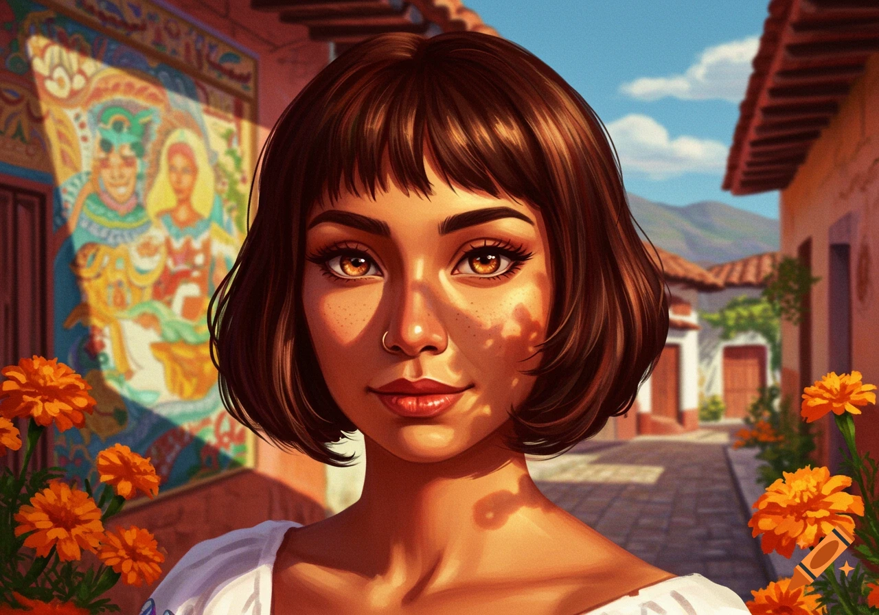 Stylized portrait of a Latina woman with a bob haircut and brown eyes, standing on a sunny street with a colorful mural and orange flowers.