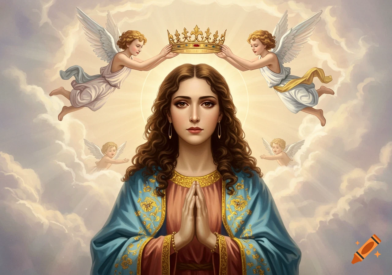 Virgin Mary being crowned by angels in a heavenly, cloud-filled scene with golden light, hands clasped in prayer.