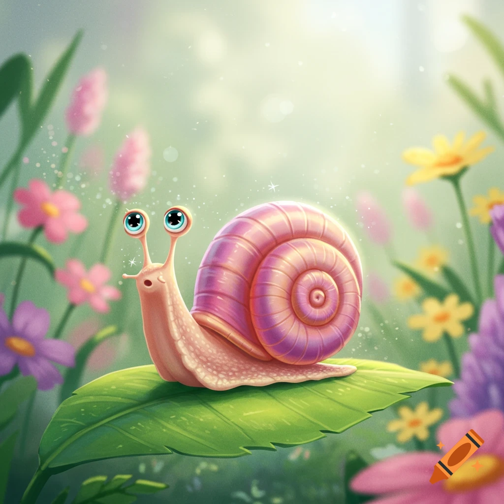 A cute cartoon snail with big eyes and a pink shell sits on a green leaf amidst colorful flowers in a whimsical, bright garden.