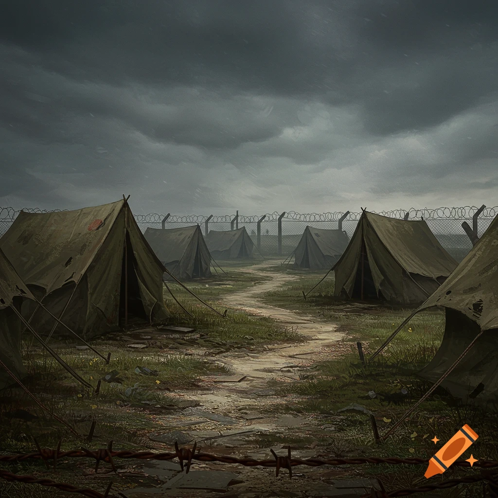 A gloomy, photorealistic image of an abandoned military camp with canvas tents, a muddy path, and barbed wire fences under a dark, cloudy sky.
