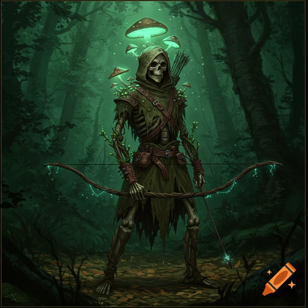 A fantasy skeleton archer, covered in moss and growth with glowing mushrooms, stands in a dark forest holding a bow.