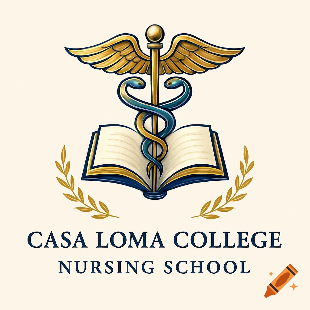 A logo featuring a golden caduceus emblem atop an open book, flanked by olive branches, with 'CASA LOMA COLLEGE NURSING SCHOOL' text below.