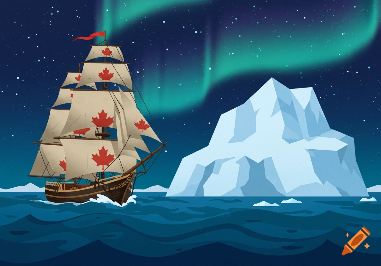 Stylized illustration of a tall ship with maple leaf sails sailing past an iceberg under the Northern Lights.