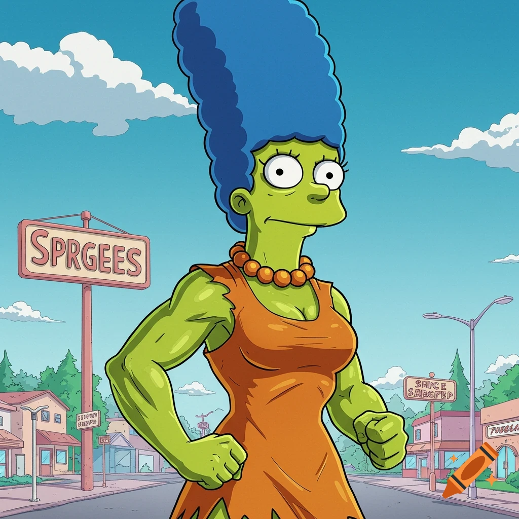 Cartoon Marge Simpson with green skin and muscular physique, resembling She-Hulk, standing on a street.