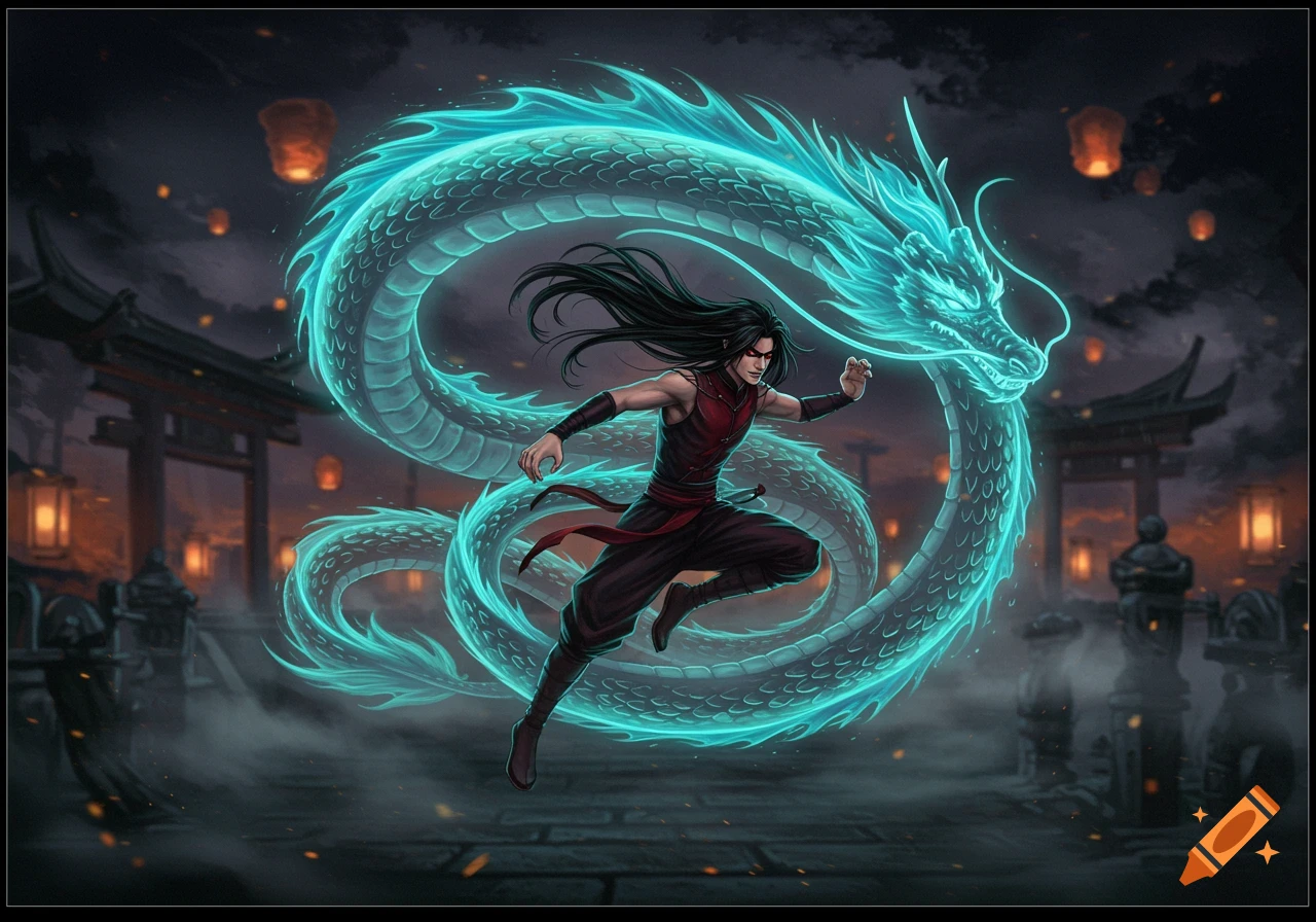 Anime-style fantasy art of a male character in a red outfit with a glowing blue dragon, set against a dark, lantern-lit Asian temple background.