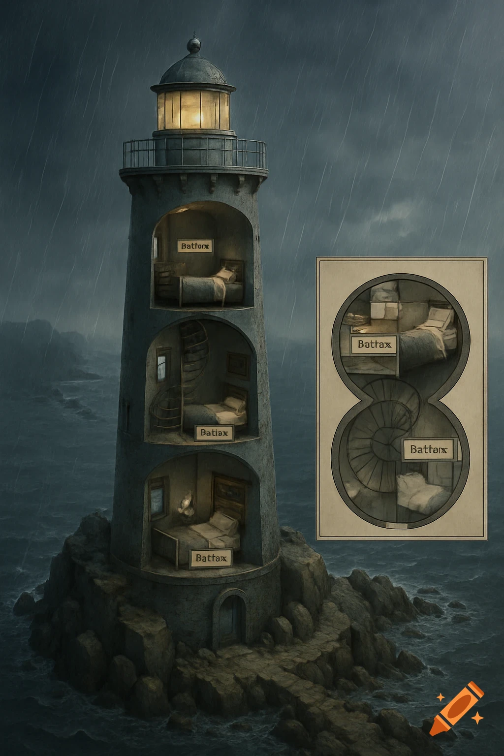 A cutaway view of a lighthouse revealing multiple bedrooms and a spiral staircase inside, with a separate floor plan diagram on the side, set against a stormy, rainy ocean with jagged rocks.