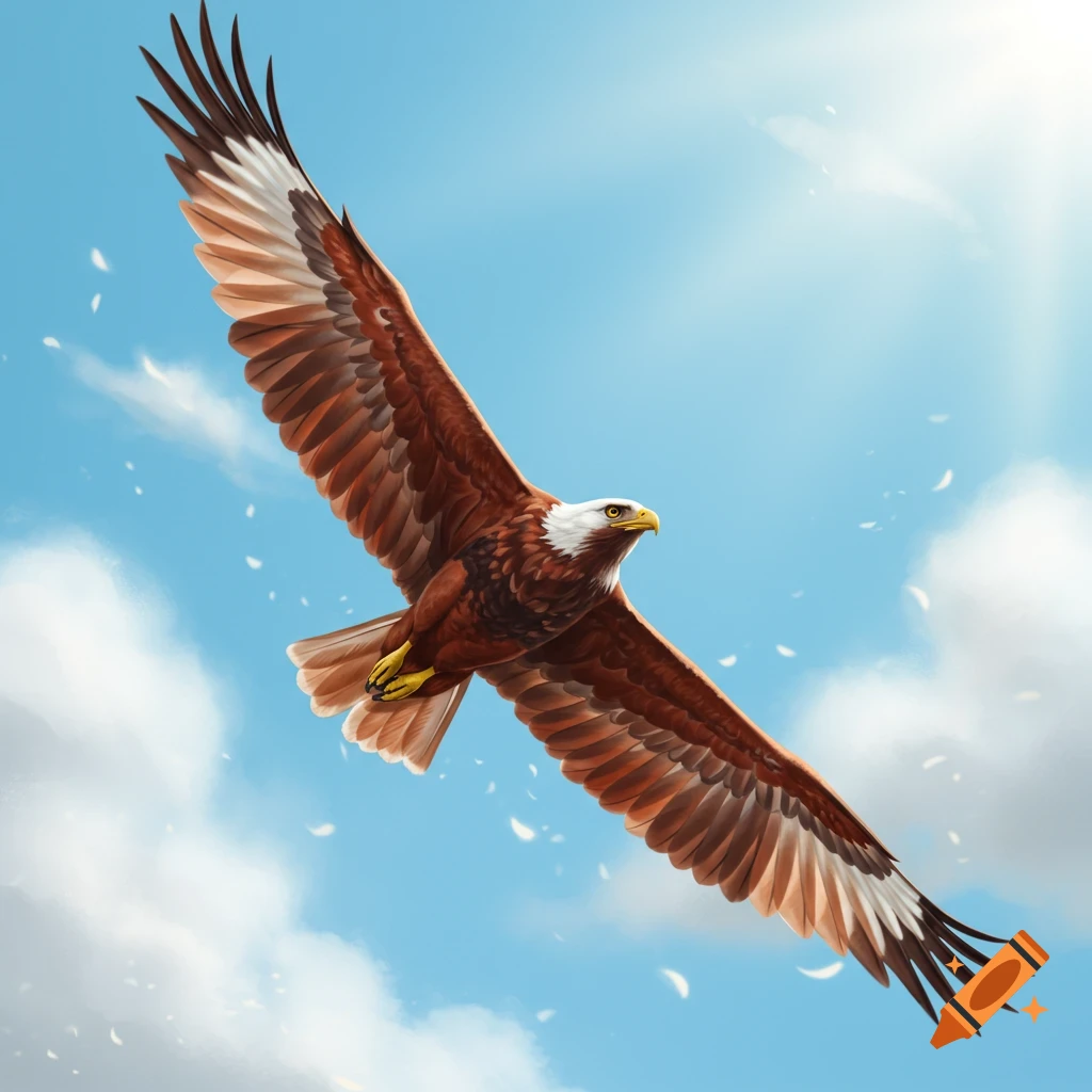 A majestic brown and white eagle with spread wings soars against a bright blue sky, with scattered white feathers in the air, in a digital art style.