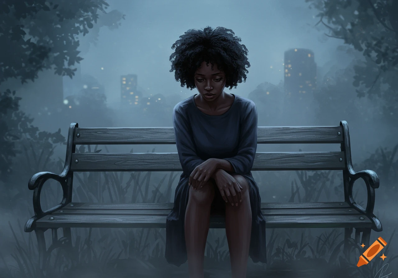 A melancholic Black woman with curly hair sits on a wooden bench in a misty, moonlit park, with blurred city lights in the background. Digital painting.