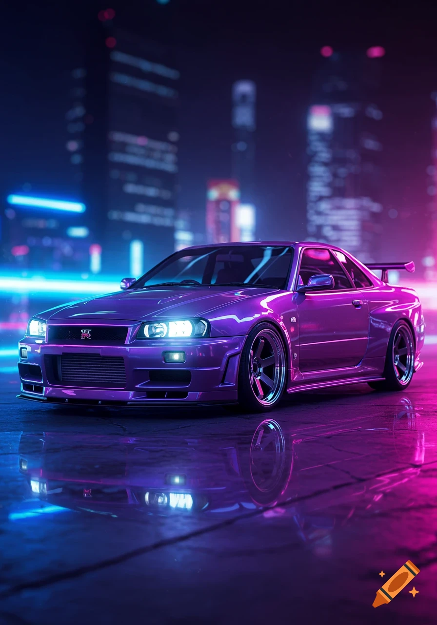 Purple Nissan Skyline GTR R34 sports car parked on a reflective surface in a neon-lit city at night, in an anime style.