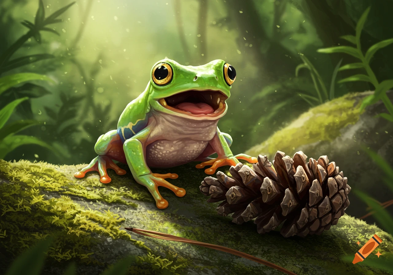 A bright green tree frog with wide eyes and an open mouth appears to yell at a pine cone on a mossy log in a lush forest.