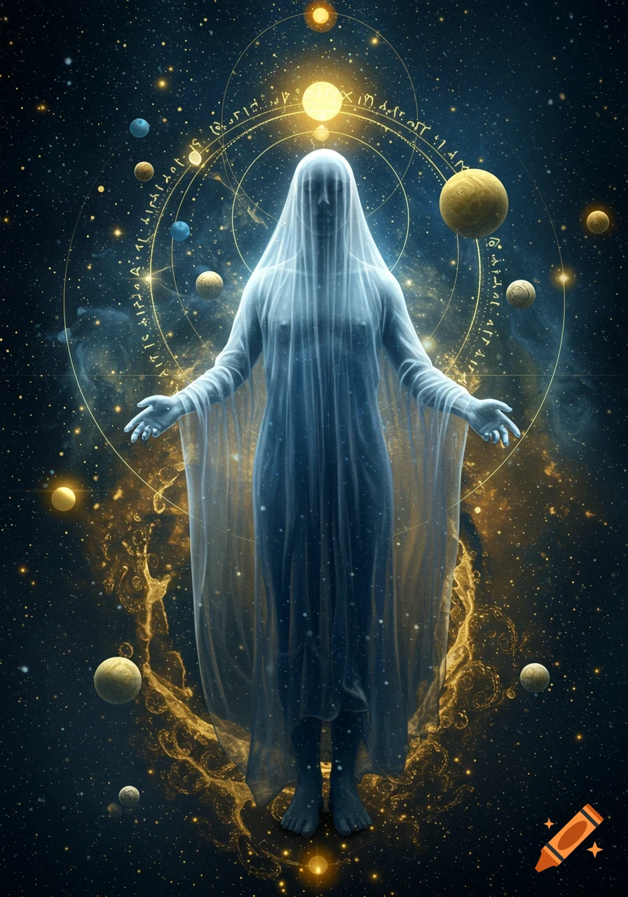 A translucent robed figure stands in a cosmic void surrounded by planets and golden energy, evoking a spiritual fantasy.