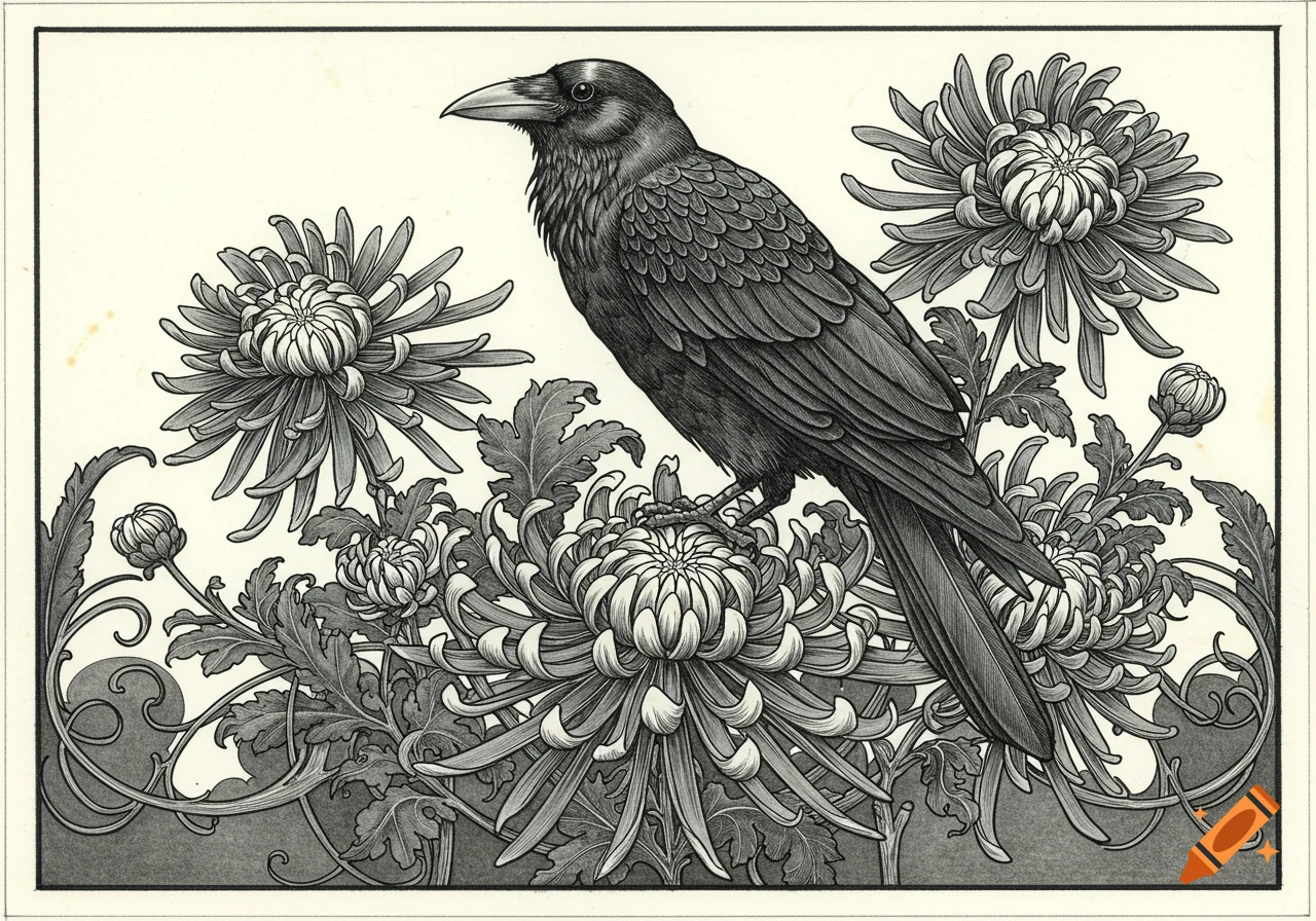 A detailed black and white illustration of a crow perched on a chrysanthemum, surrounded by more flowers and leaves in the style of Aubrey Beardsley.
