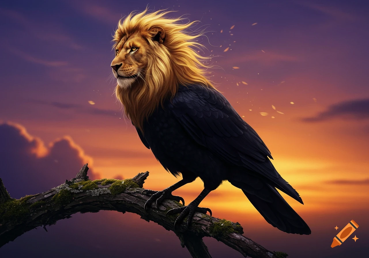 A lion-headed crow with sharp talons perches on a mossy branch against a vibrant purple and orange sunset sky in a digital art style.