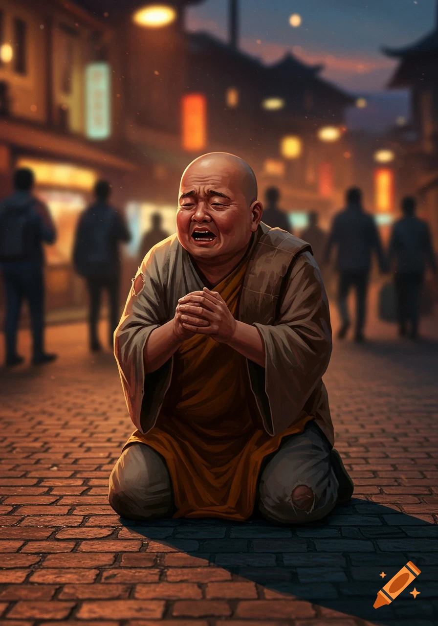 A crying bald man in monk's robes kneels on a brick street at night, hands clasped, with blurred city lights and people in the background.