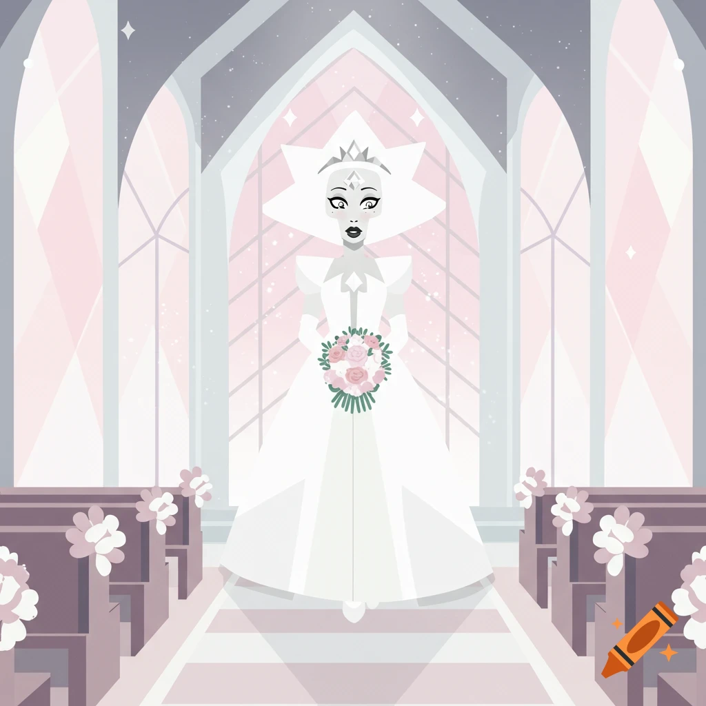 White Diamond from Steven Universe in a white wedding dress and tiara, holding a pink bouquet in a pastel chapel, in a flat illustration style.