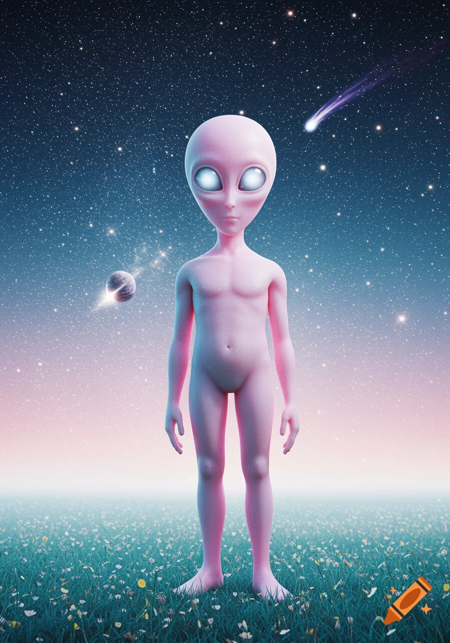 A smooth, pale pink alien with glowing white eyes stands in a vibrant green field under a dark starry sky with planets and a comet.