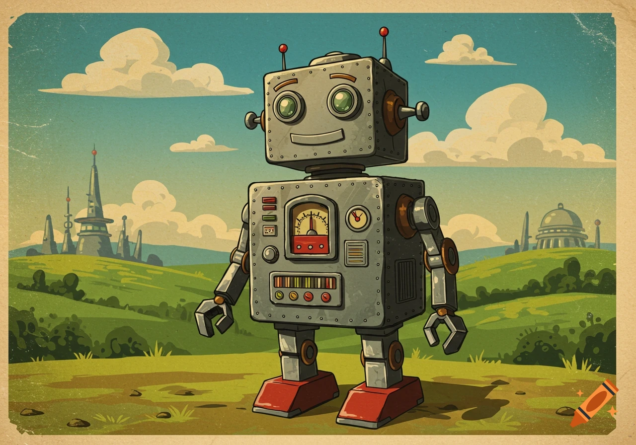A vintage-style illustration of a friendly grey box robot with green eyes and red feet, standing in a green field with futuristic buildings under a cloudy sky.