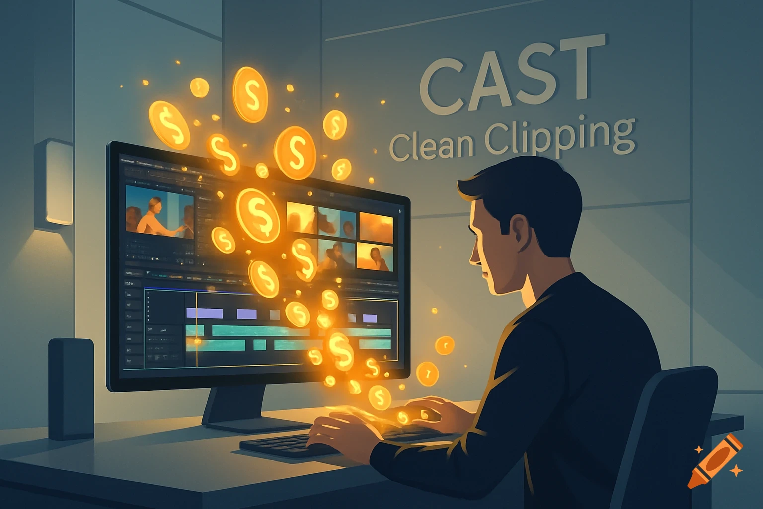 An illustrated man editing video on a computer, with glowing money symbols floating from the screen. Text 'CAST Clean Clipping' on the wall.