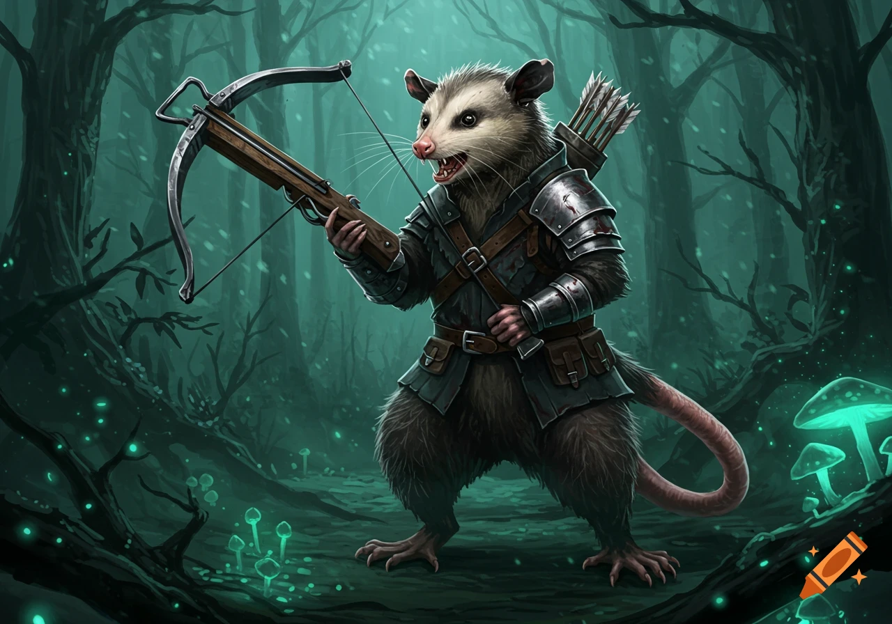 An armored, anthropomorphic possum stands ready with a crossbow in a mystical, glowing dark forest.