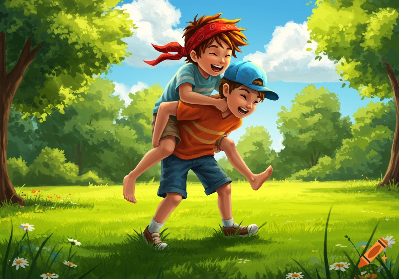 Two happy young boys playing piggyback in a sunny green park, cartoon illustration style.