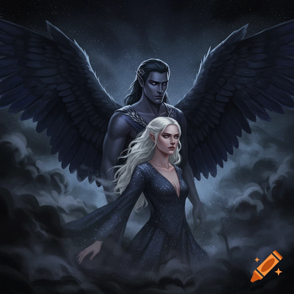 A dark-skinned male with black wings behind a pale blonde female in a sparkling dress, surrounded by dark clouds and a starry night sky.