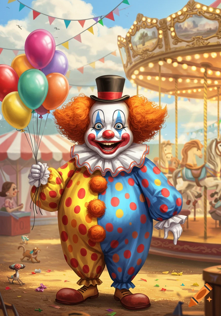 A colorful cartoon clown with orange hair and a polka dot suit holds balloons at a bustling carnival with a carousel.