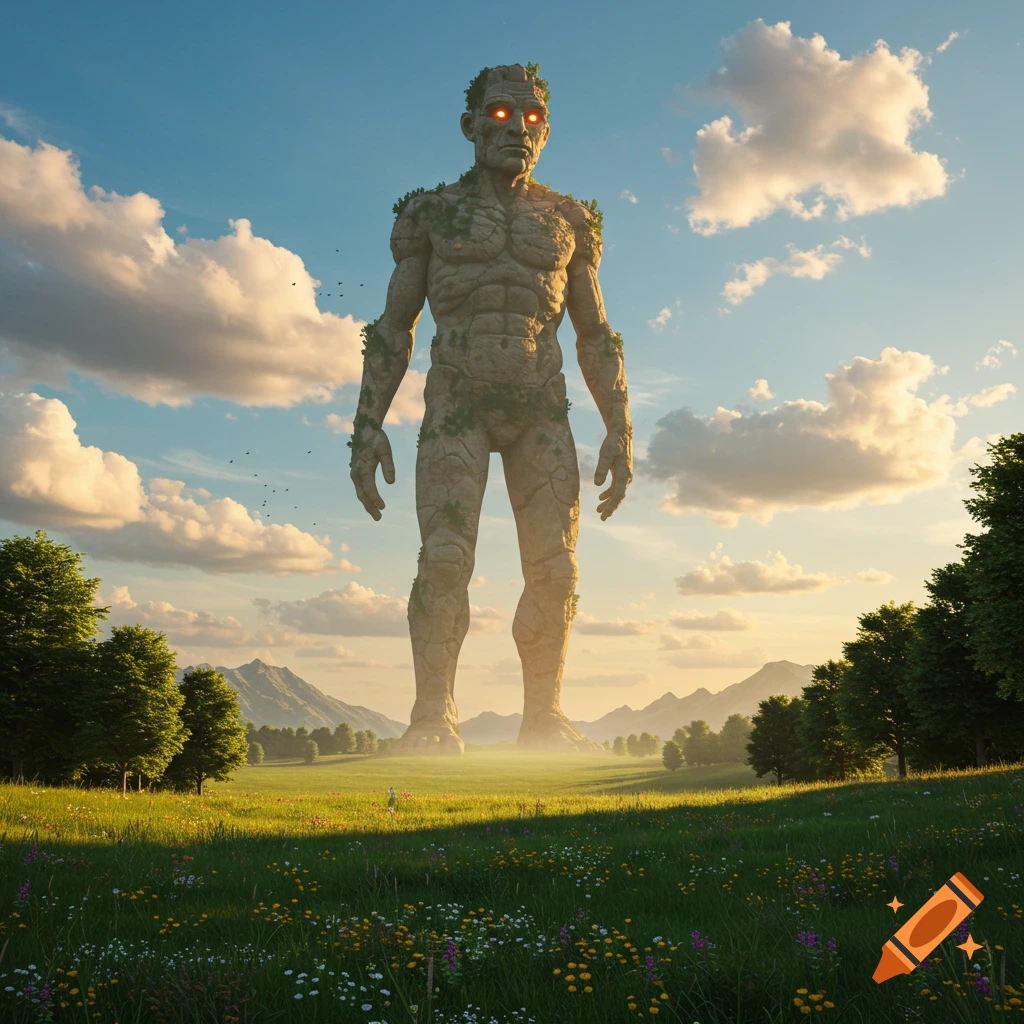 A giant stone golem with glowing red eyes stands in a lush green meadow with wildflowers under a partly cloudy sky, mountains in the distance. Photorealistic.