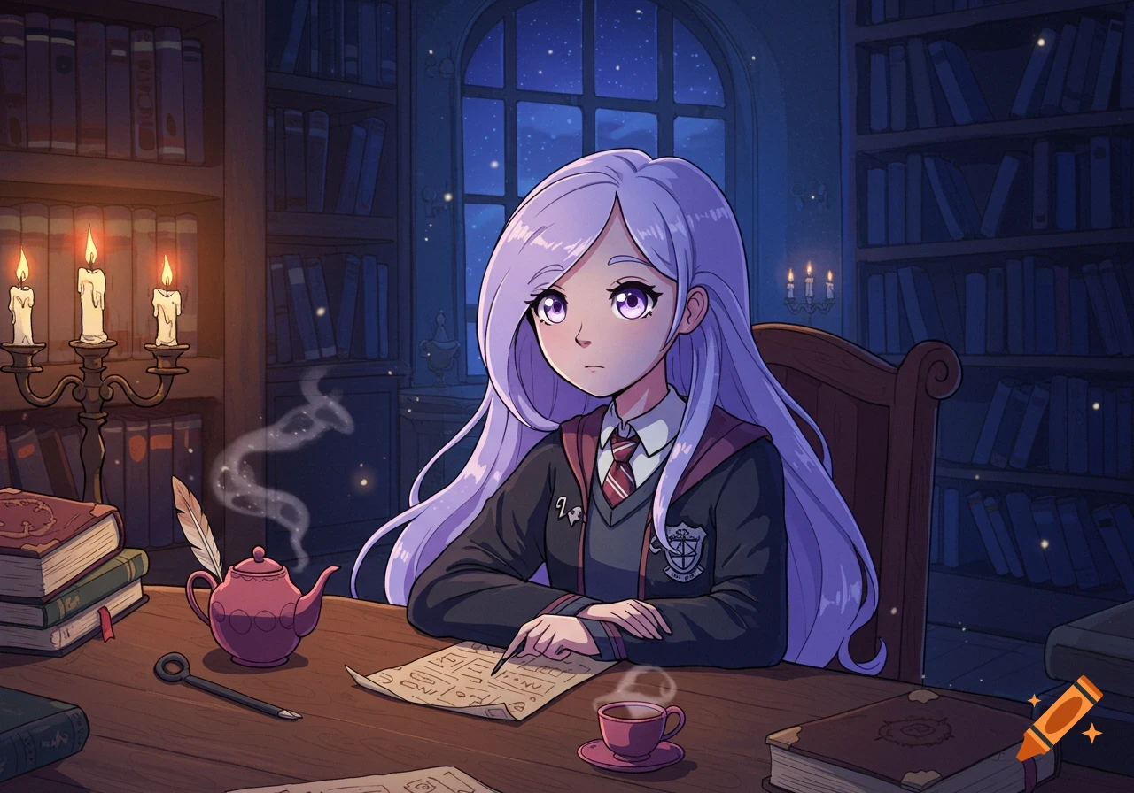 A magical girl with long lavender hair and purple eyes, wearing a school uniform, sits at a wooden desk in a cozy, dimly lit library, studying by candlelight. There are books, a teapot, and a cup of tea on the table. Outside a window, the night sky is visible.