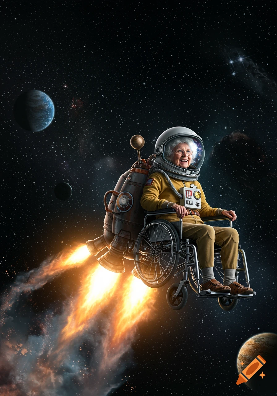 An elderly woman in an astronaut helmet and yellow suit laughs joyfully as she flies through space in a rocket-powered wheelchair, with planets and stars visible.