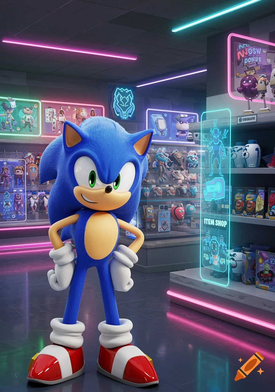 Sonic the Hedgehog stands in a neon-lit store, resembling an item shop, with various character merchandise on display.