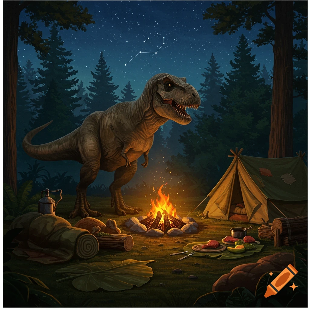 A large T-Rex stands by a campfire next to a tent in a dark forest at night, with stars and constellations visible above. Camping gear and food are on the ground.