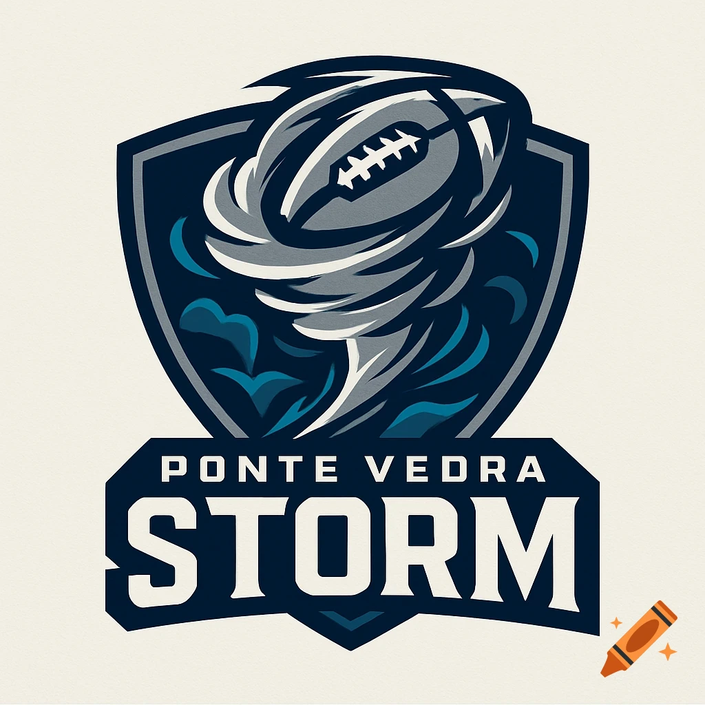 A blue, grey, and white football team logo featuring a football enveloped in a storm vortex, with text reading "PONTE VEDRA STORM" below.