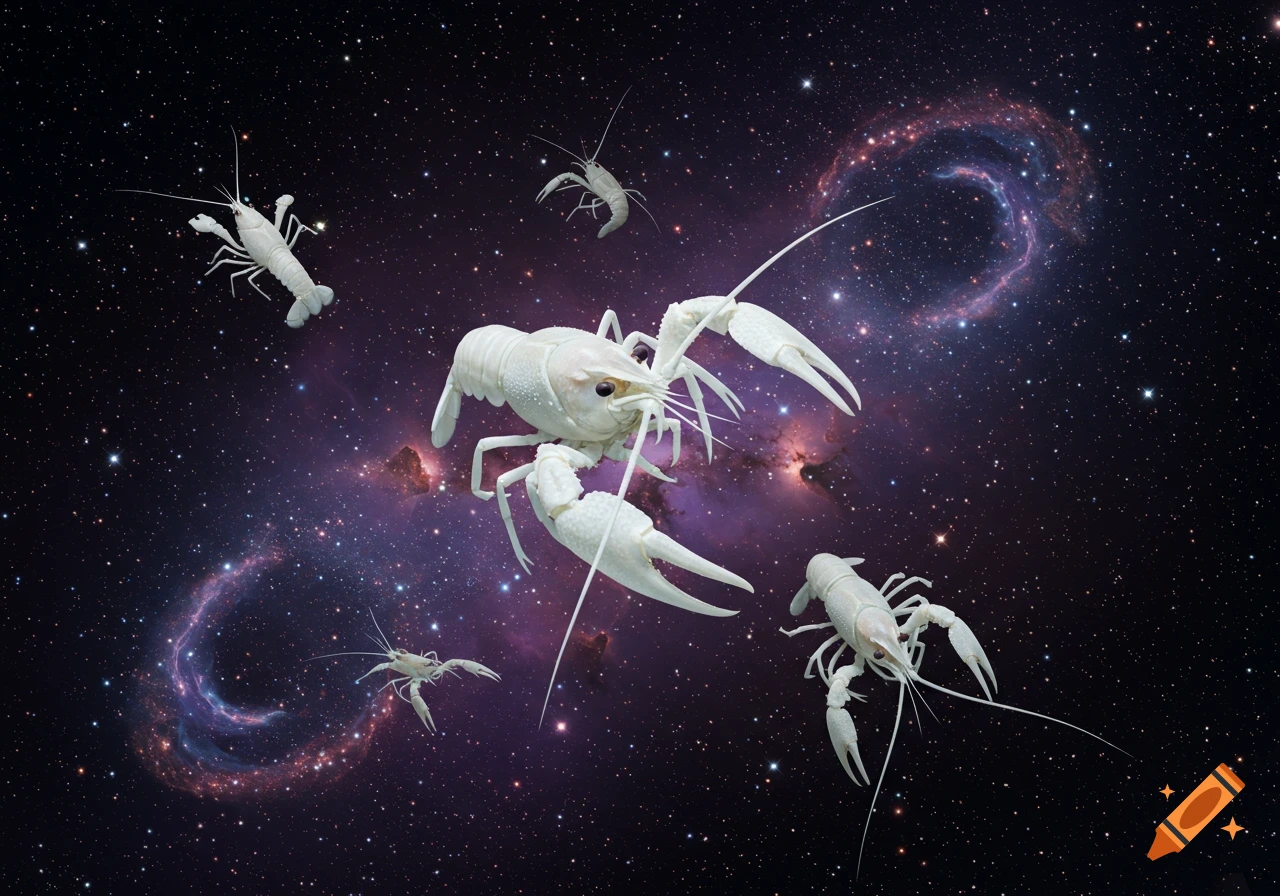 Several pale crayfish float in a cosmic scene filled with stars and colorful nebulae.